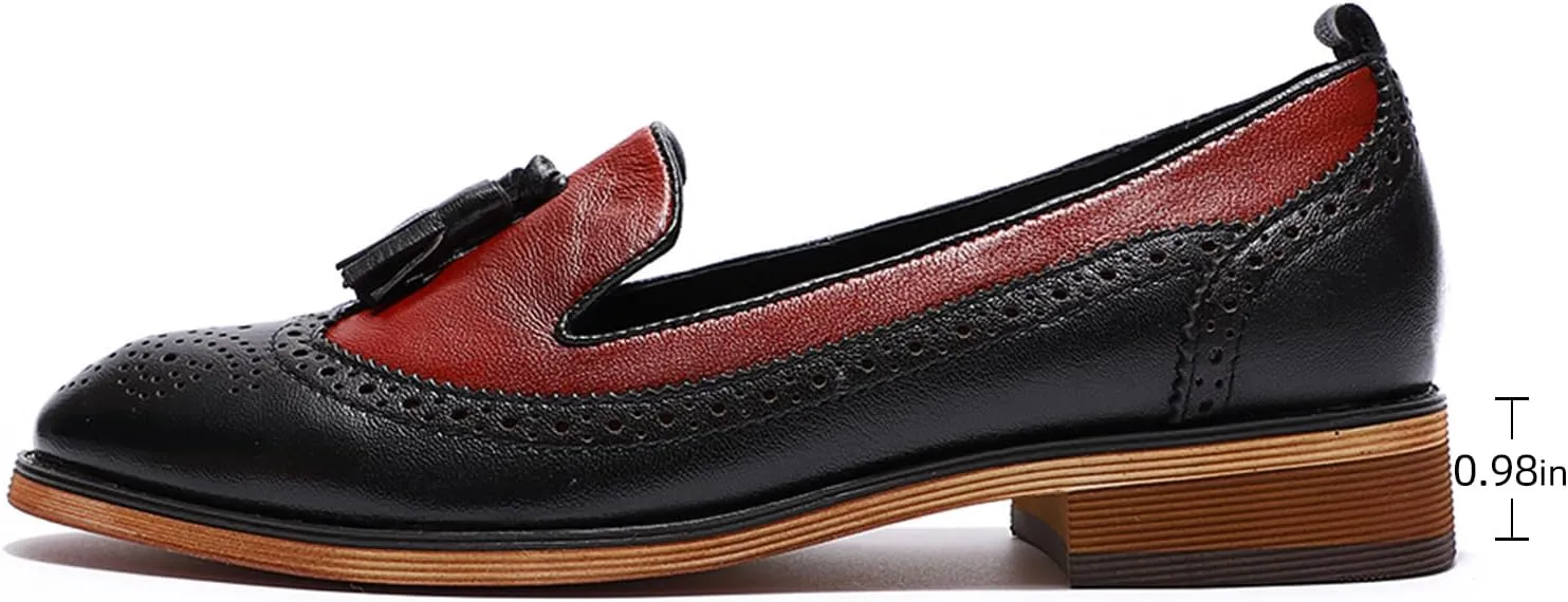 Mona flying Women's Leather Tassel Loafer Slip on Wingtip Brogue Dress Casual Flat Office Work Shoes for Ladies