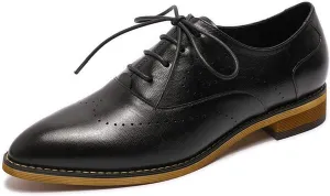 Mona flying Women's Pointed Toe Leather Oxfords Brogue Stylish Lace up Leather Shoes for Work