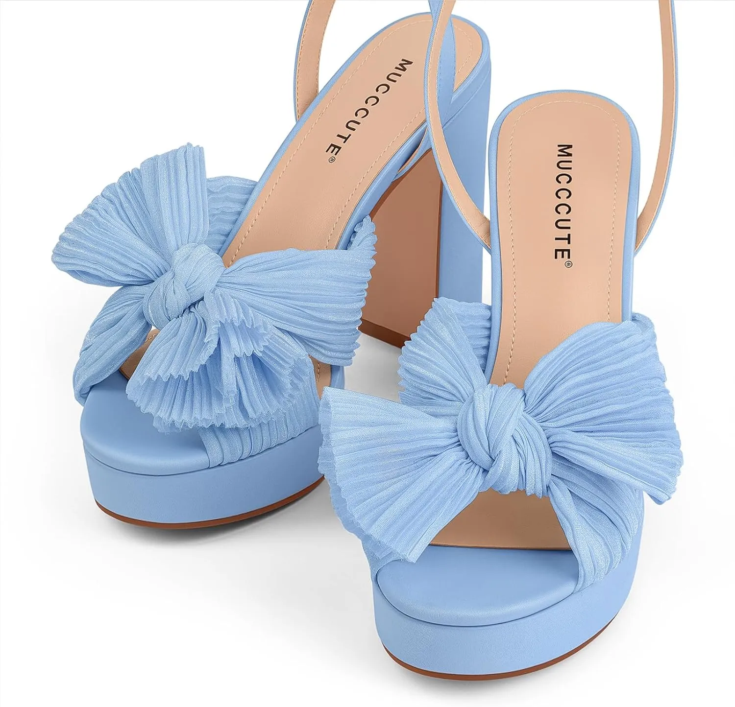 MUCCCUTE Bow Heels for Women Chunky Platform Heels with Ankle Strap Open Toe Heeled Sandals Bridal Wedding Dressy Shoes
