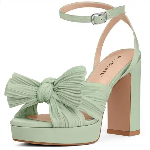 MUCCCUTE Bow Heels for Women Chunky Platform Heels with Ankle Strap Open Toe Heeled Sandals Bridal Wedding Dressy Shoes