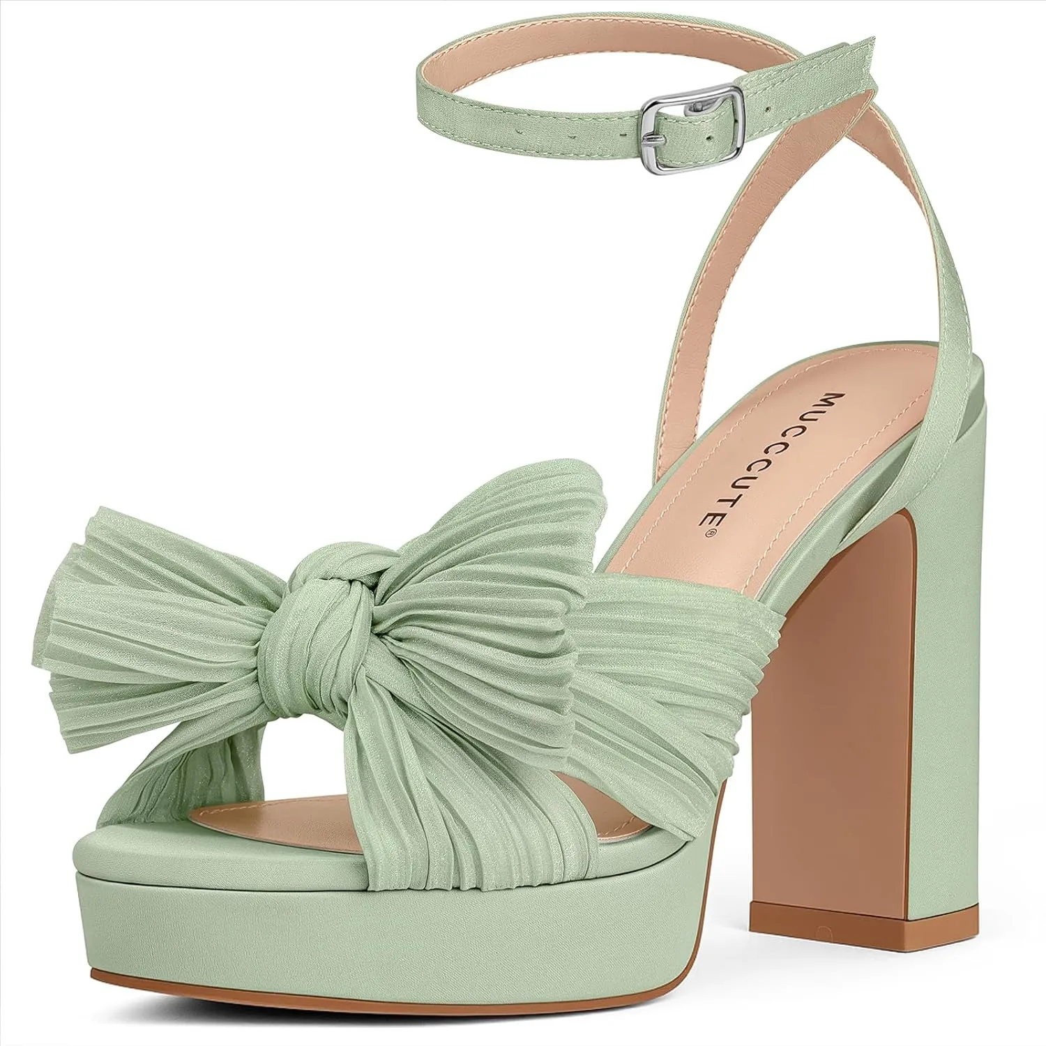 MUCCCUTE Bow Heels for Women Chunky Platform Heels with Ankle Strap Open Toe Heeled Sandals Bridal Wedding Dressy Shoes