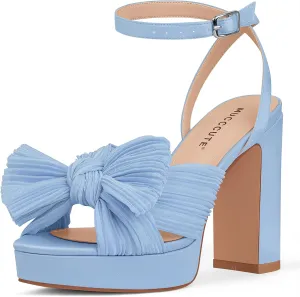 MUCCCUTE Bow Heels for Women Chunky Platform Heels with Ankle Strap Open Toe Heeled Sandals Bridal Wedding Dressy Shoes