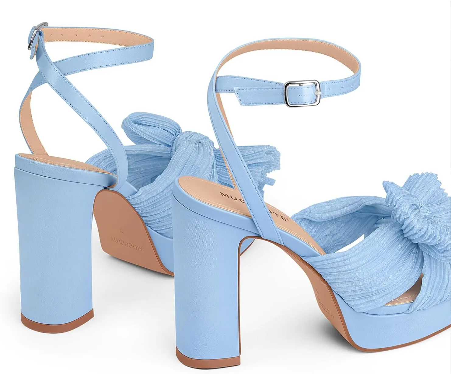 MUCCCUTE Bow Heels for Women Chunky Platform Heels with Ankle Strap Open Toe Heeled Sandals Bridal Wedding Dressy Shoes