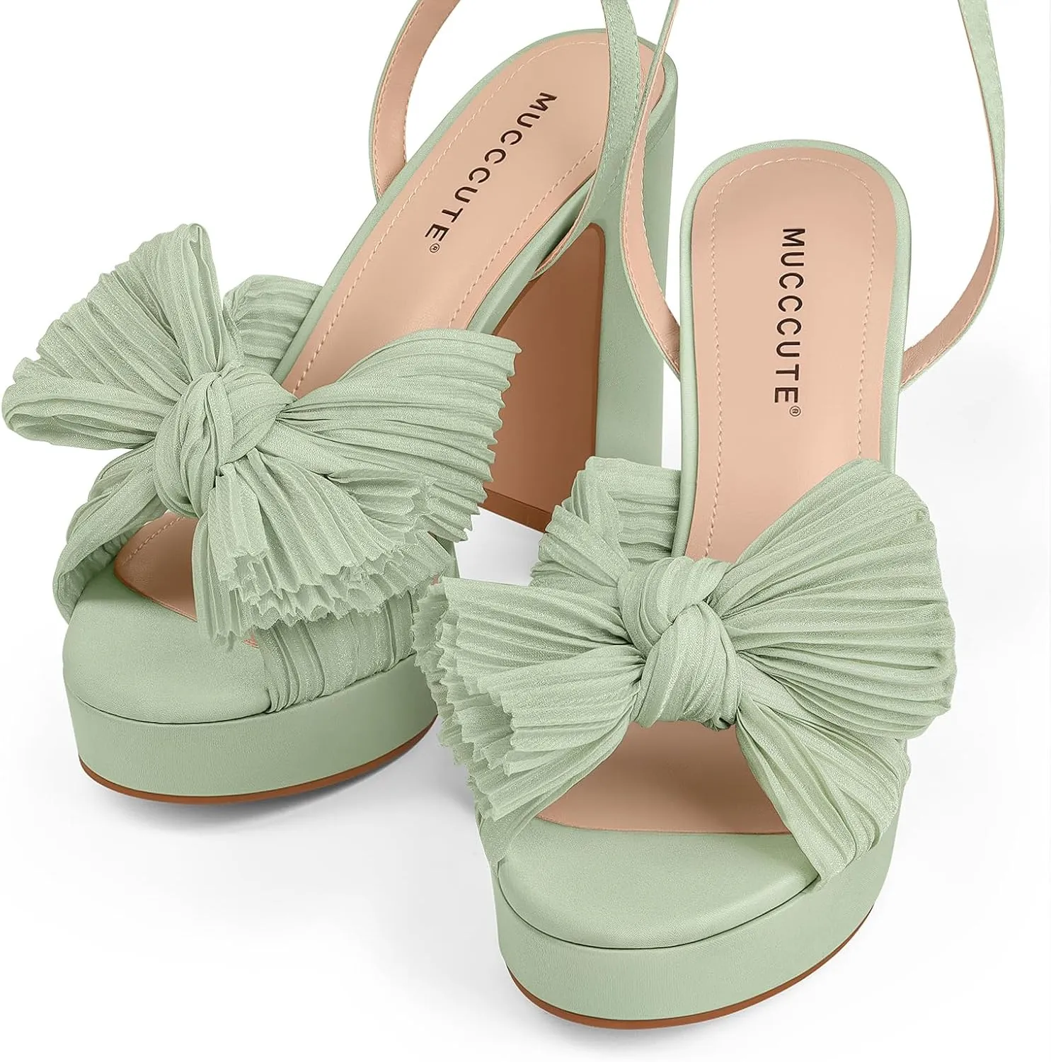 MUCCCUTE Bow Heels for Women Chunky Platform Heels with Ankle Strap Open Toe Heeled Sandals Bridal Wedding Dressy Shoes