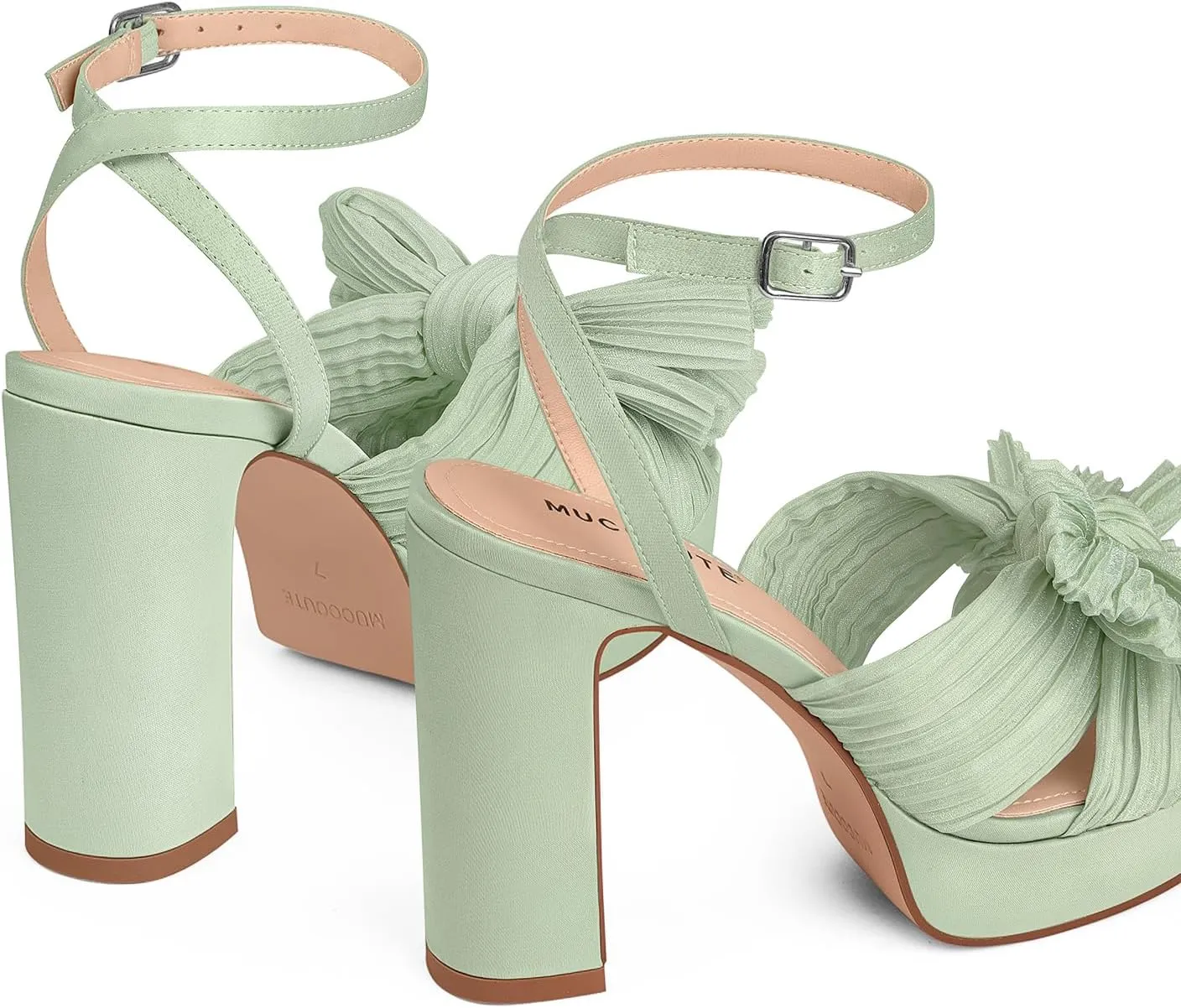 MUCCCUTE Bow Heels for Women Chunky Platform Heels with Ankle Strap Open Toe Heeled Sandals Bridal Wedding Dressy Shoes