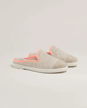 Mule femme laine, beige rose fluo
