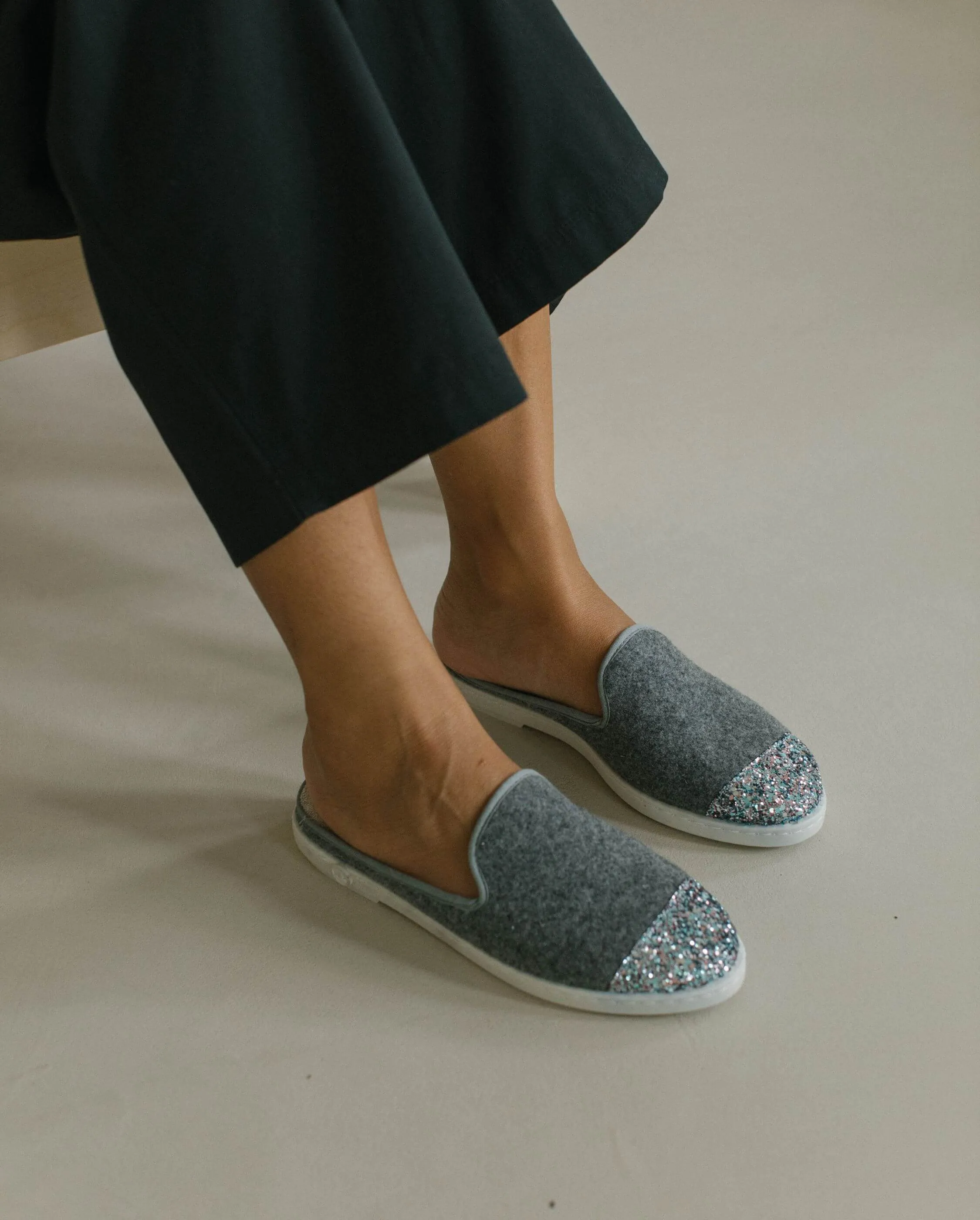 Mule femme laine, gris paillettes