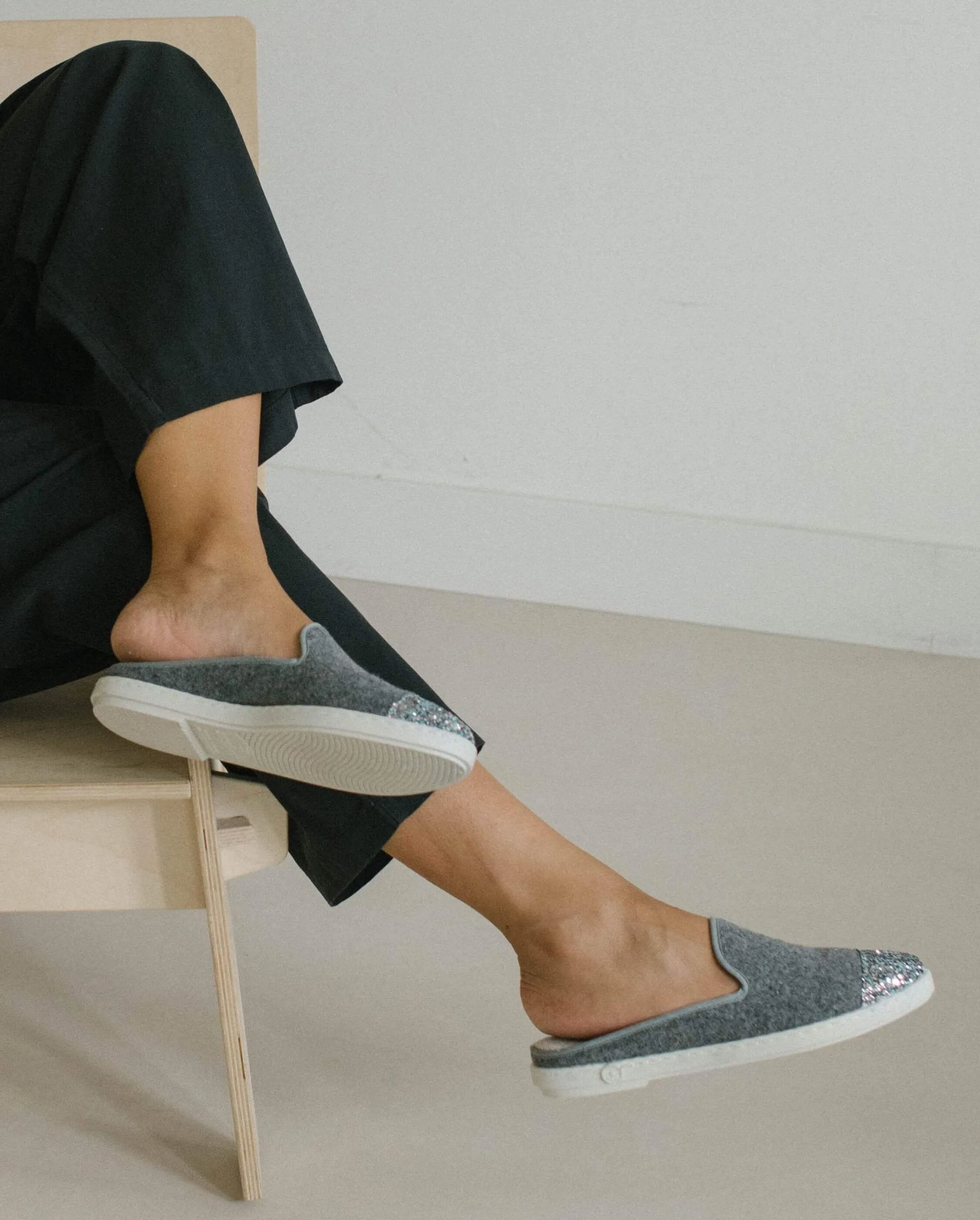 Mule femme laine, gris paillettes