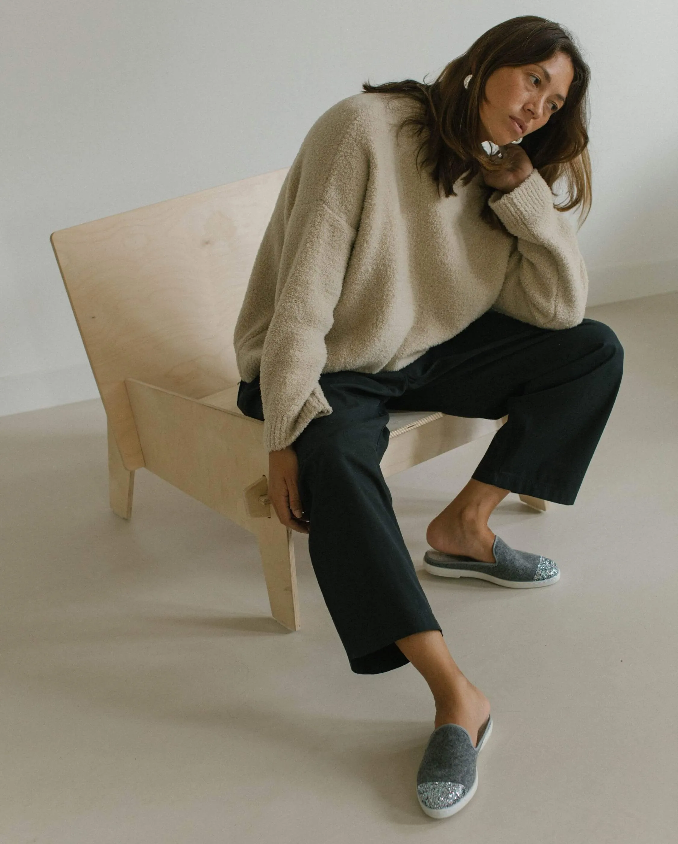 Mule femme laine, gris paillettes