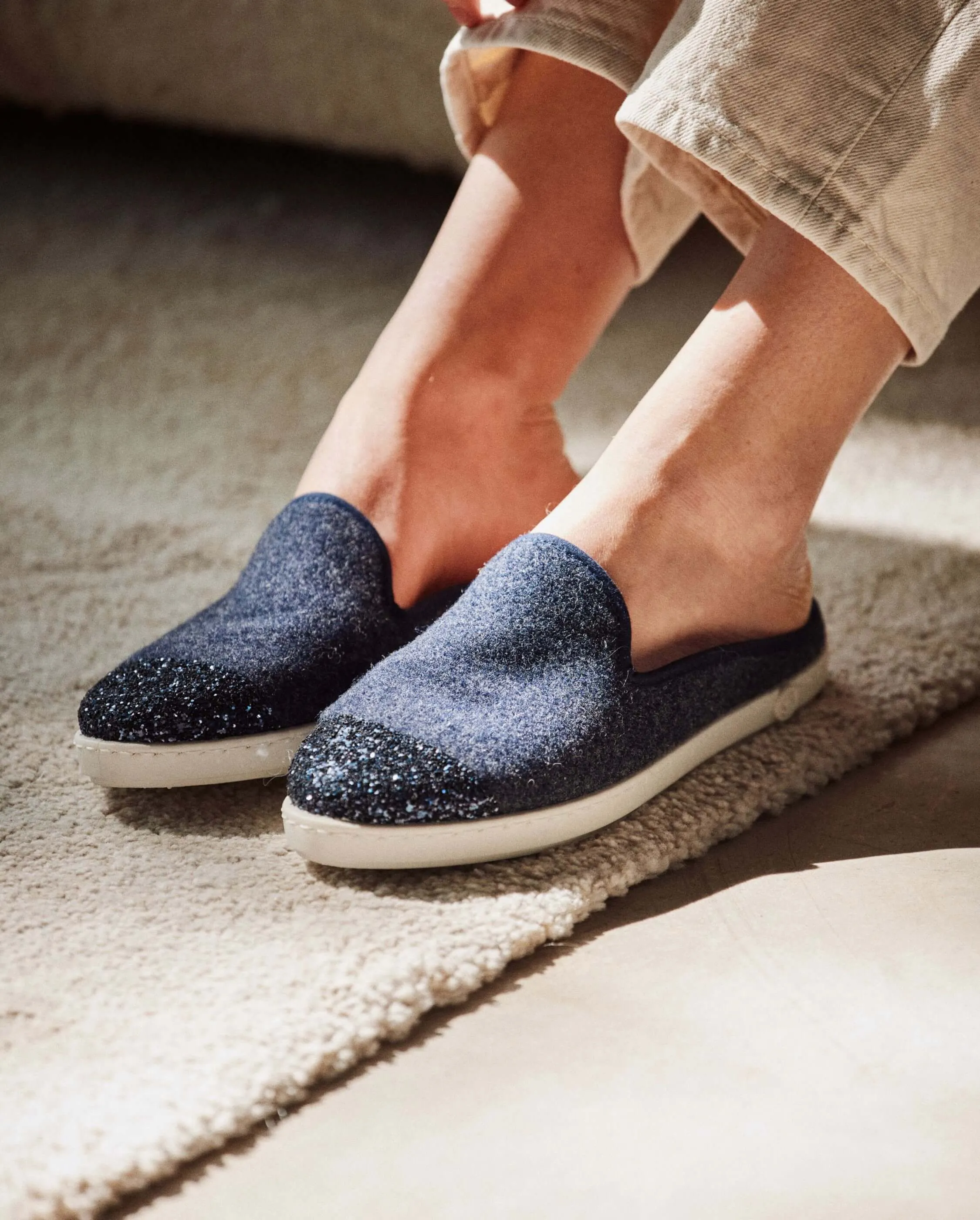 Mule femme laine, marine paillettes