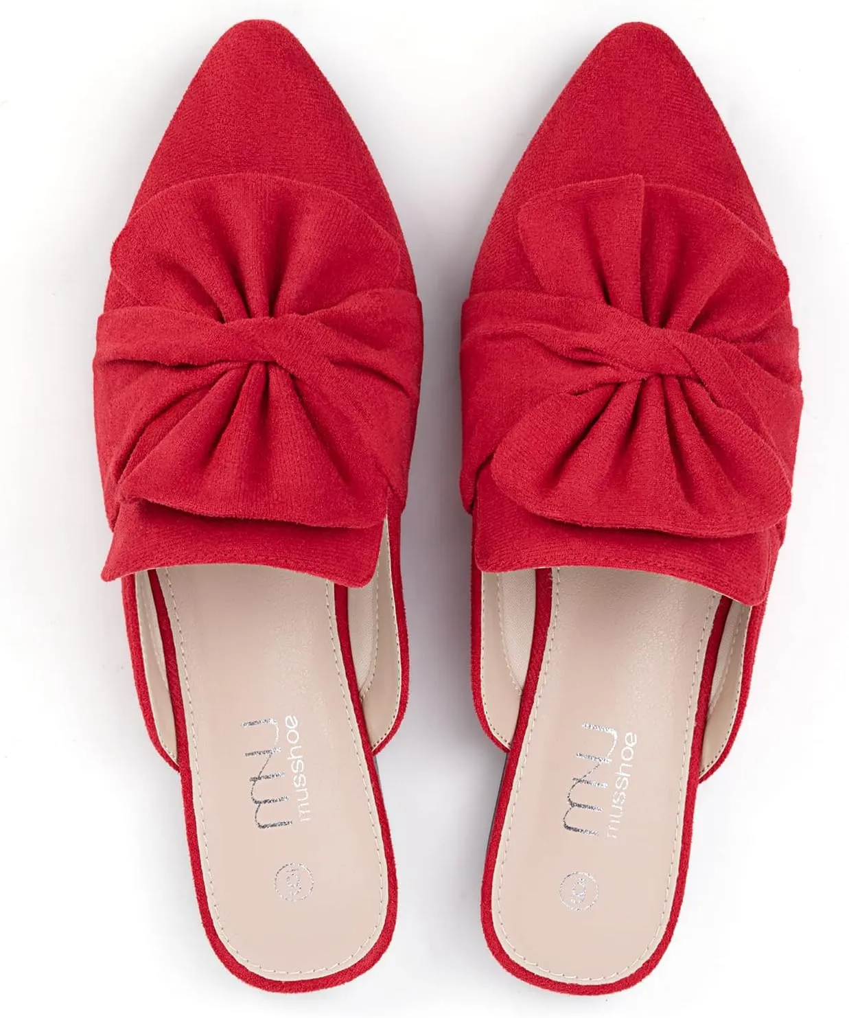 MUSSHOE Womens Mules Comfortable Pointed Toe Mules for Women Flats Backless Loafers with Bow Slip On