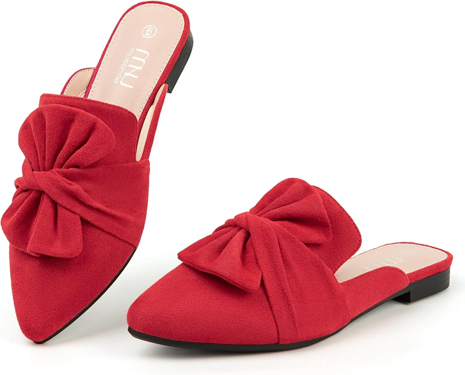 MUSSHOE Womens Mules Comfortable Pointed Toe Mules for Women Flats Backless Loafers with Bow Slip On