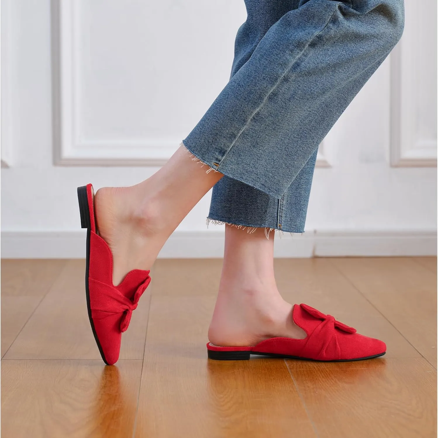 MUSSHOE Womens Mules Comfortable Pointed Toe Mules for Women Flats Backless Loafers with Bow Slip On