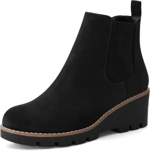 mysoft Women's Chelsea Wedge Booties Platform Lug Sole Elastic Low Wedge Heel Slip On Ankle Boots