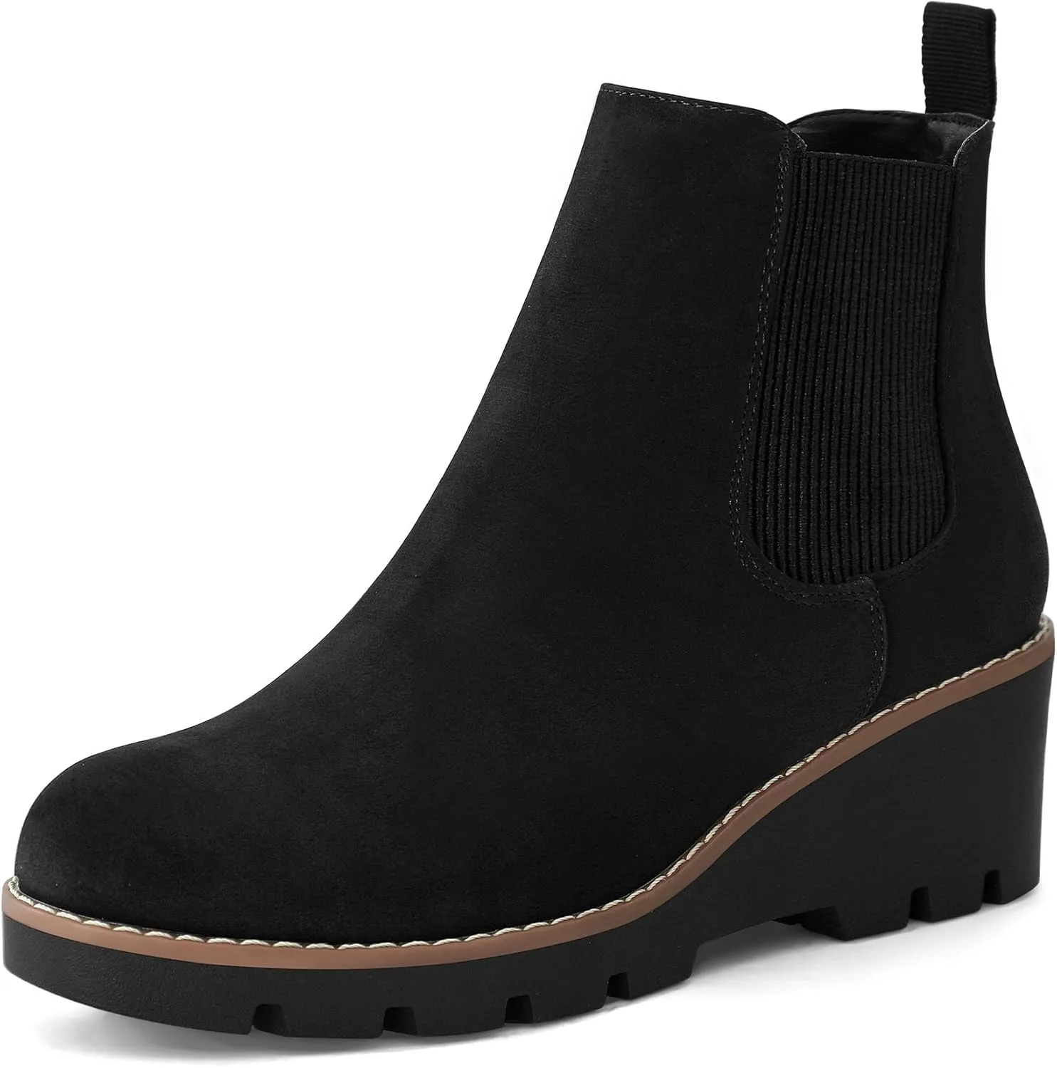 mysoft Women's Chelsea Wedge Booties Platform Lug Sole Elastic Low Wedge Heel Slip On Ankle Boots
