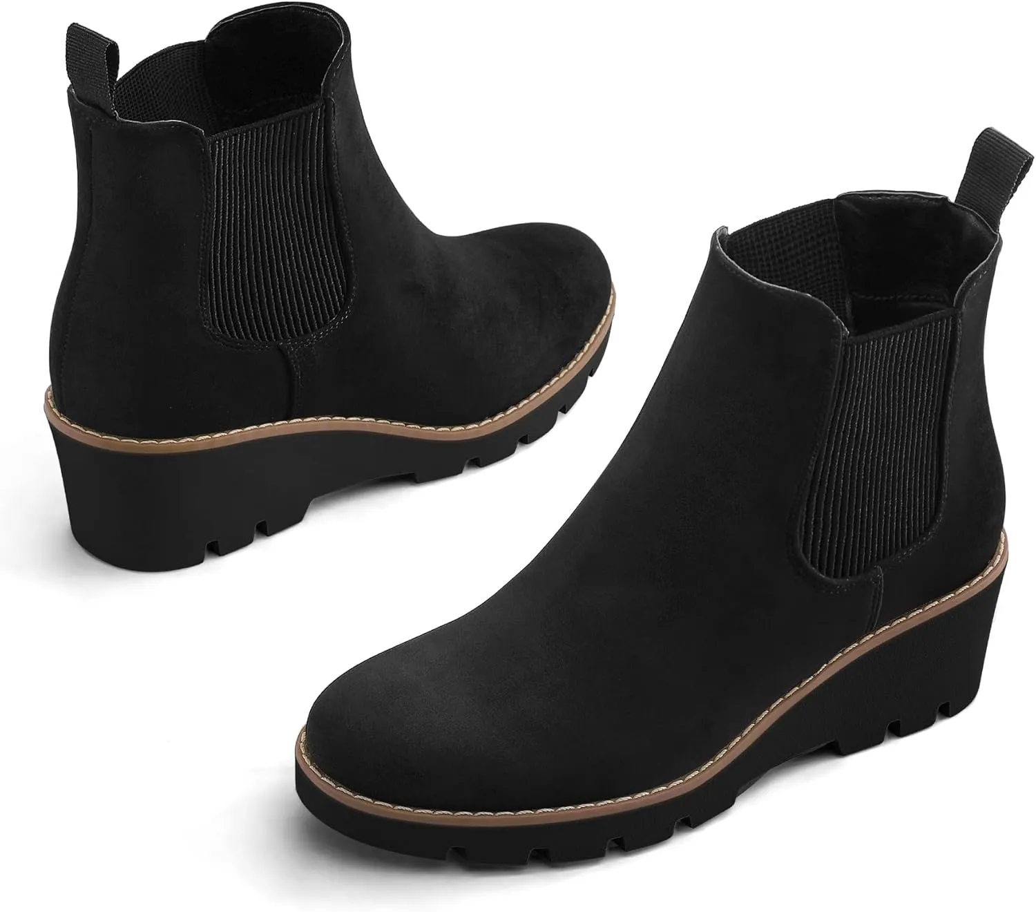 mysoft Women's Chelsea Wedge Booties Platform Lug Sole Elastic Low Wedge Heel Slip On Ankle Boots