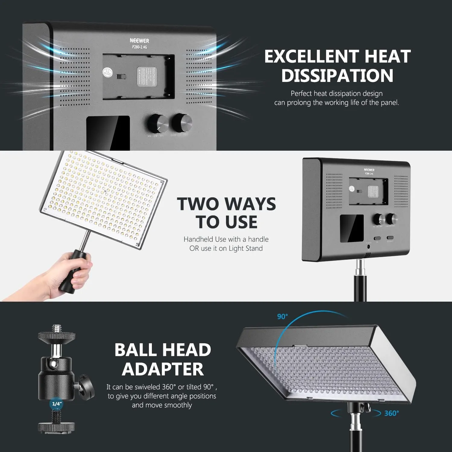 Neewer 2-Pack 2.4G LED Video Lighting Kit: Bi-Color CRI 95  280 LED Panel with 2M Light Stand, LCD Display, 2.4G Remote for Photo Studio Photography, Ball Head/Carry Bag Included