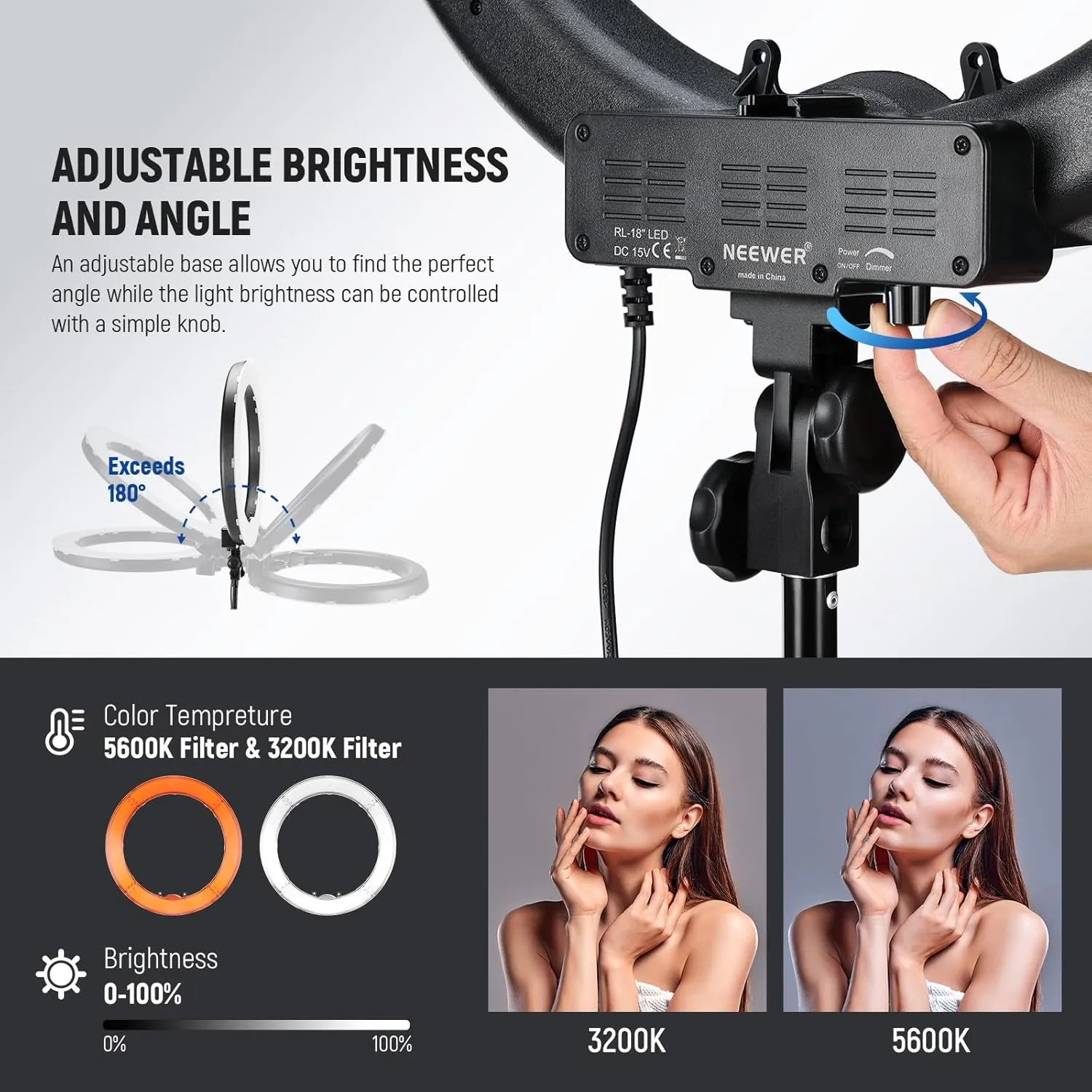 NEEWER Ring Light 18inch Kit: 55W 5600K Professional LED with Stand and Phone Holder, Soft Tube & Bag for Tattoo Lash Extension Barber Makeup Artist Studio Video Photography Lighting, RL-18