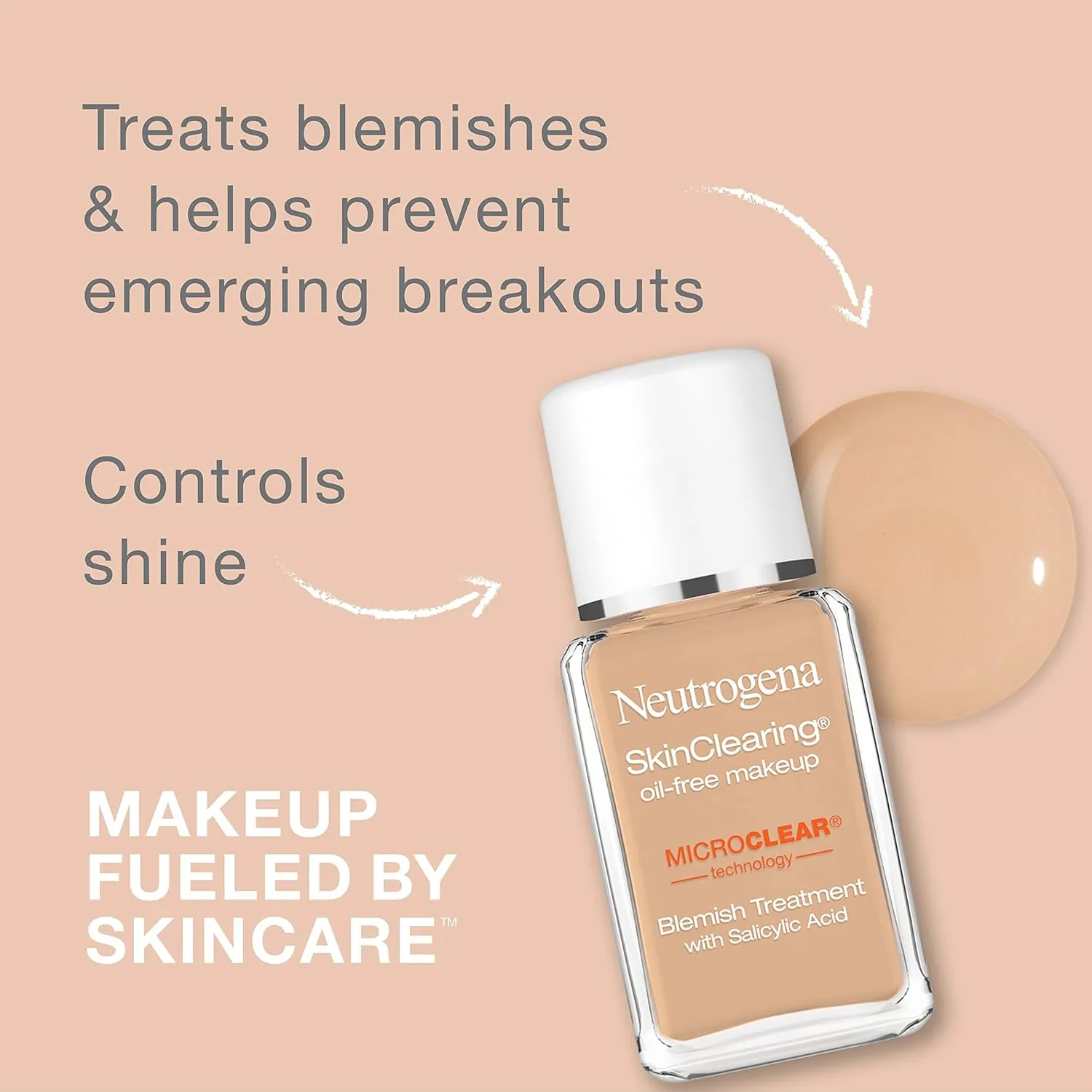 Neutrogena SkinClearing Oil-Free Acne and Blemish Fighting Liquid Foundation with.5% Salicylic Acid Acne Medicine, Shine Controlling Makeup for Acne Prone Skin, 30 Buff, 1 fl. oz