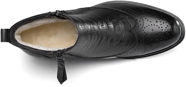 New Ankle Boots For Men Non Slip Anti-slip Block Heel Leather Brogue Embossed Wingtips Double Side Zip Vintage Stylish Casual