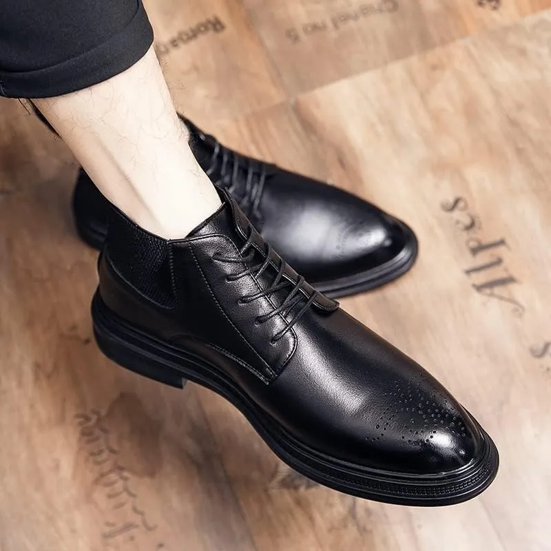 New Lace Up Boots For Men Round Burnished Toe Brogue Embossed Vegan Leather Resistant Non Slip Block Heel Stylish Formal Vintage