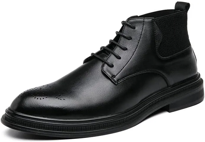 New Lace Up Boots For Men Round Burnished Toe Brogue Embossed Vegan Leather Resistant Non Slip Block Heel Stylish Formal Vintage
