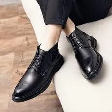 New Lace Up Boots For Men Round Burnished Toe Brogue Embossed Vegan Leather Resistant Non Slip Block Heel Stylish Formal Vintage