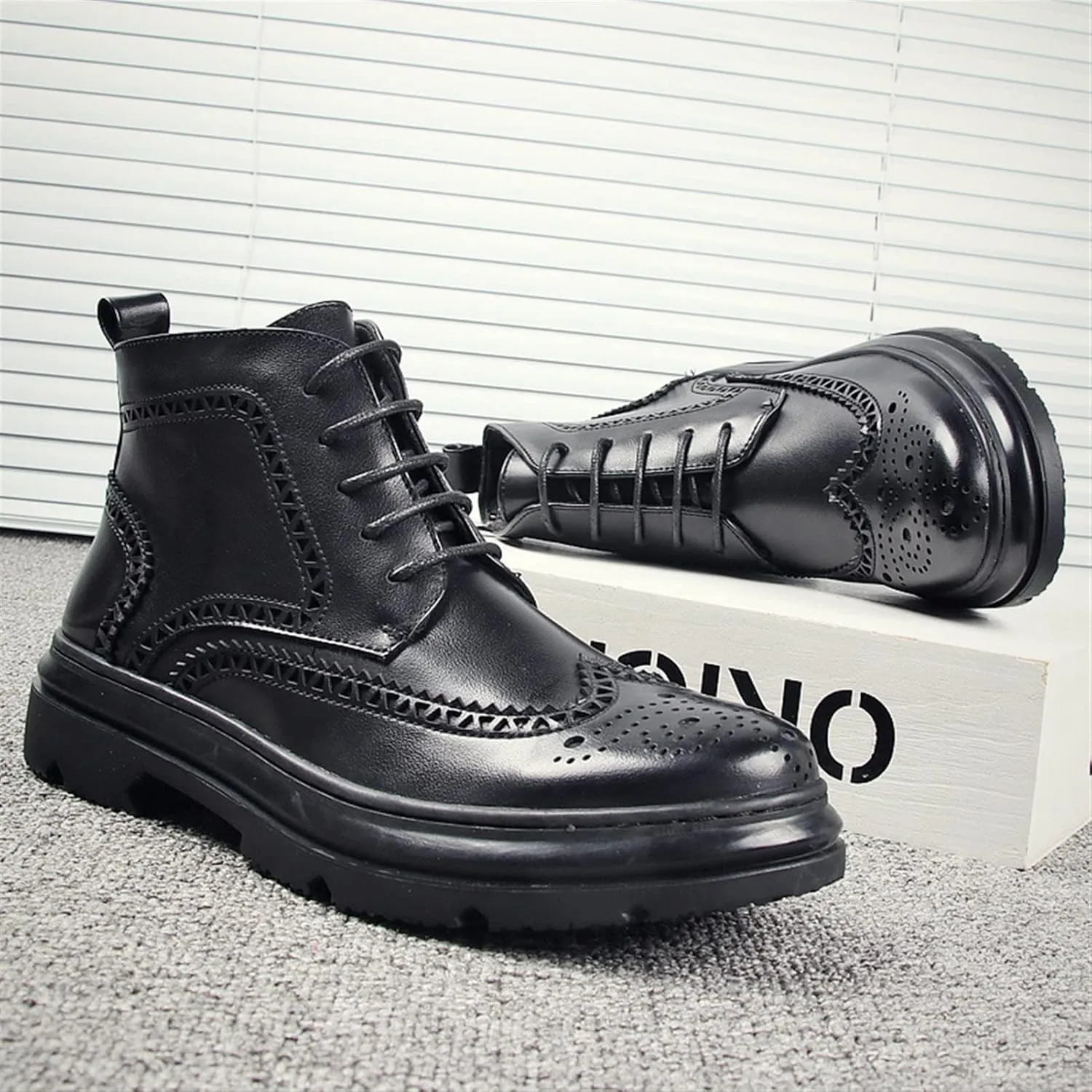 New Men's Ankle Boots Block Heel Wearable Derby Carved Brogue Win Tip Side Zip Vegan Leather Work Stylish
