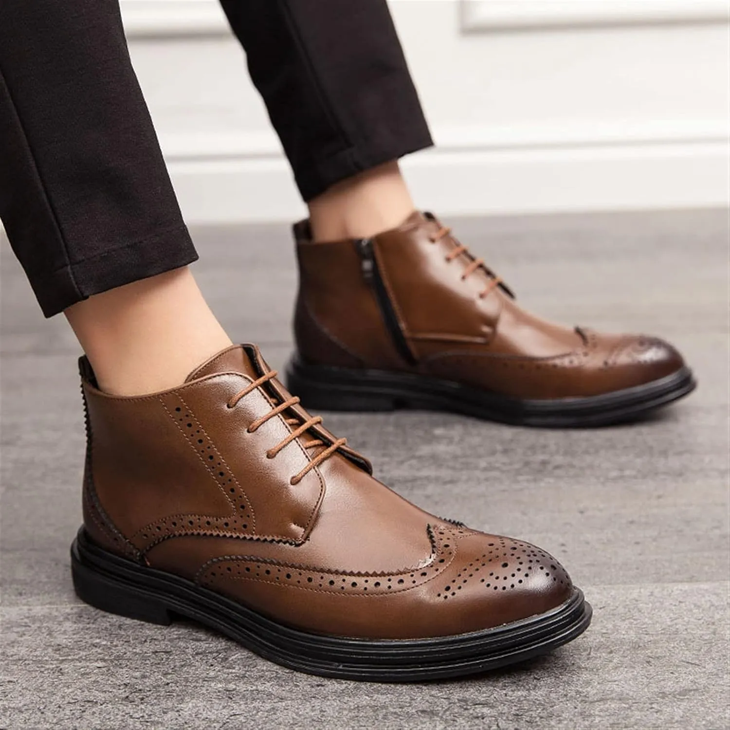 New Mens Ankle Boots Slip Resistant Wearable Block Heel Carved Brogue Win Tip Side Zip Vegan Leather Vintage Stylish