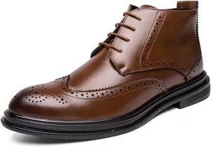 New Mens Ankle Boots Slip Resistant Wearable Block Heel Carved Brogue Win Tip Side Zip Vegan Leather Vintage Stylish