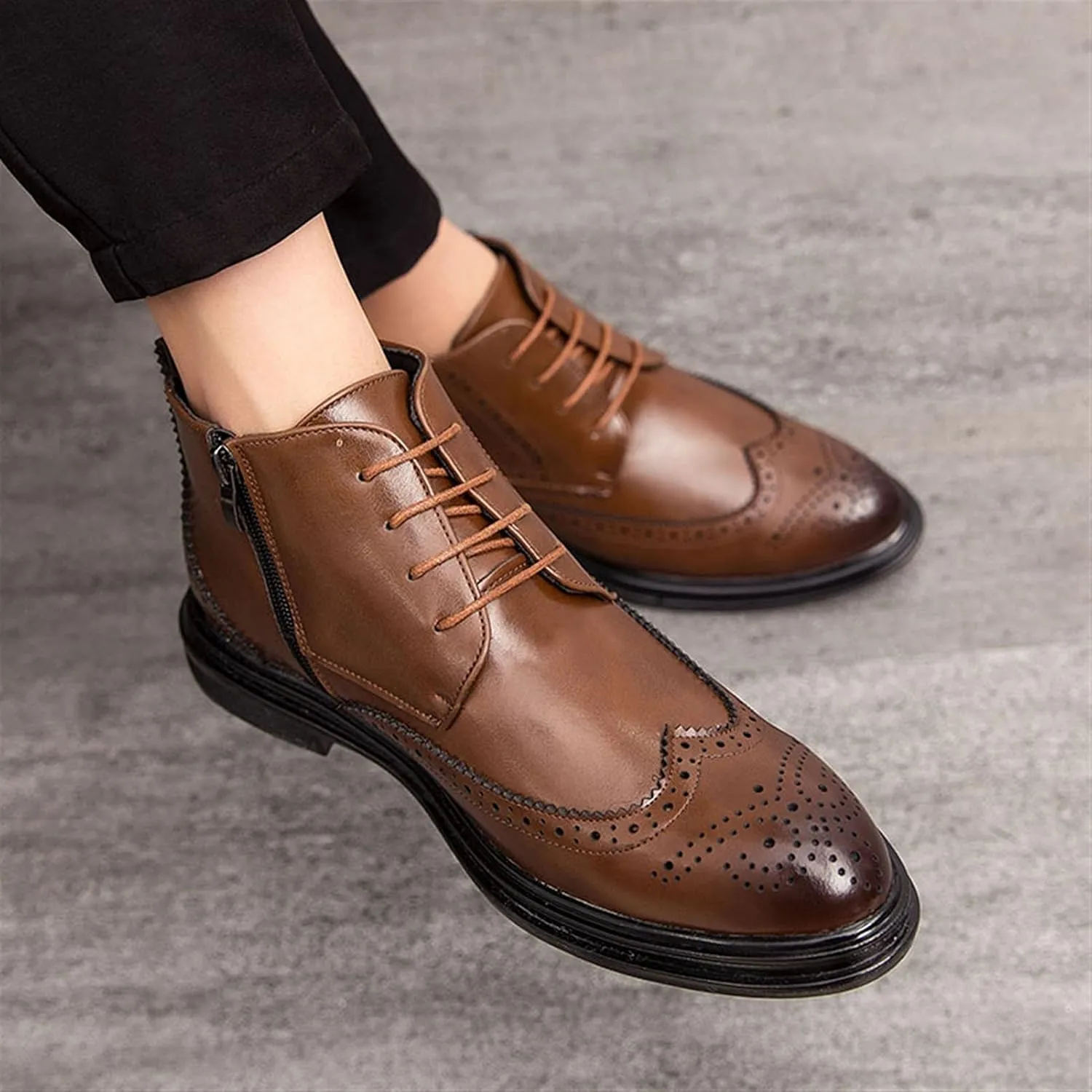 New Mens Ankle Boots Slip Resistant Wearable Block Heel Carved Brogue Win Tip Side Zip Vegan Leather Vintage Stylish