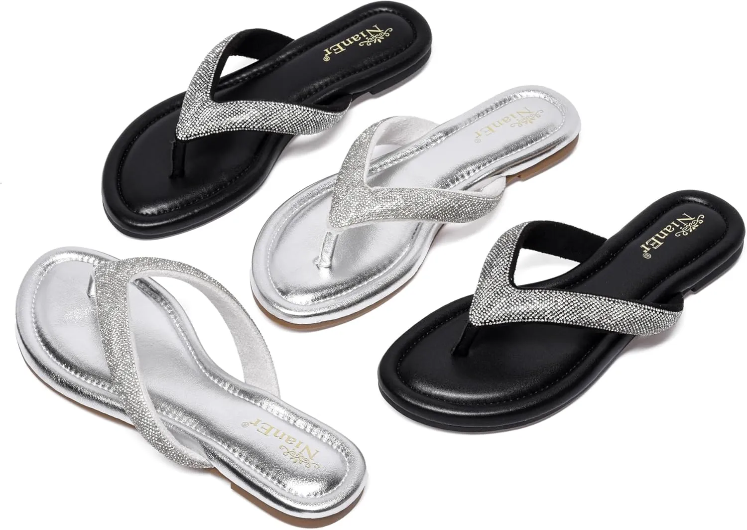 NianEr Womens Microfiber Leather Comfort Foam Bow Dress Thong Sandals Summer Fashion Flat Slip On Slides Flip Flops