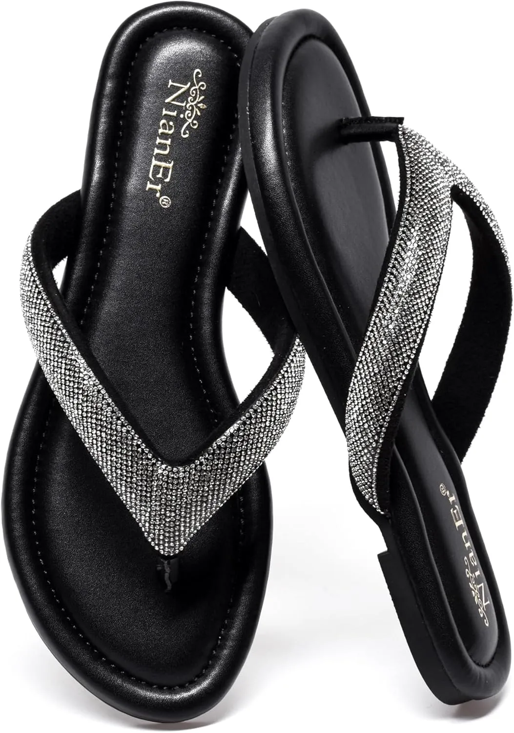 NianEr Womens Microfiber Leather Comfort Foam Bow Dress Thong Sandals Summer Fashion Flat Slip On Slides Flip Flops