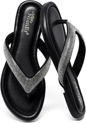 NianEr Womens Microfiber Leather Comfort Foam Bow Dress Thong Sandals Summer Fashion Flat Slip On Slides Flip Flops