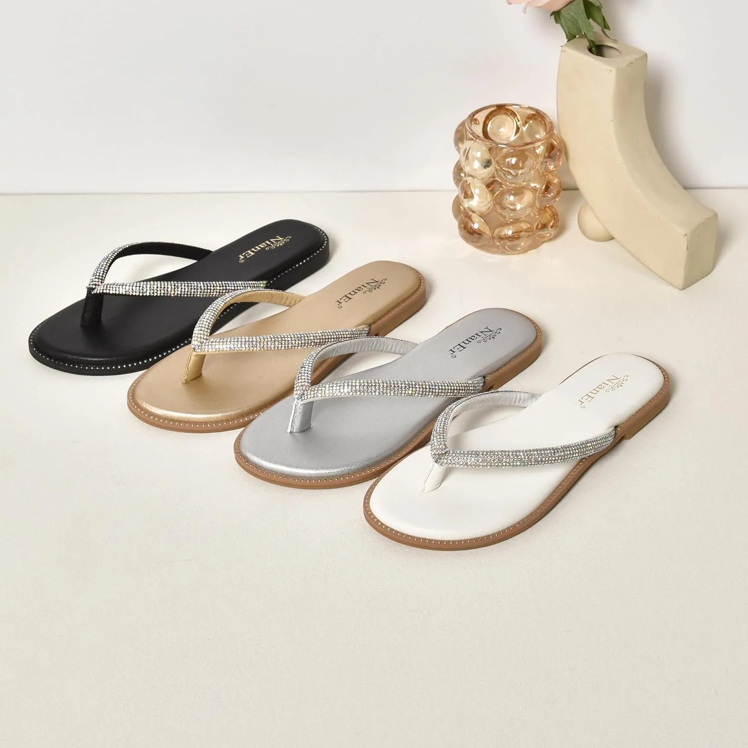 NianEr Womens Microfiber Leather Comfort Foam Rhinestone Glitter Sparkly Dress Flip Flop Sandals Summer Cute Flat Slides