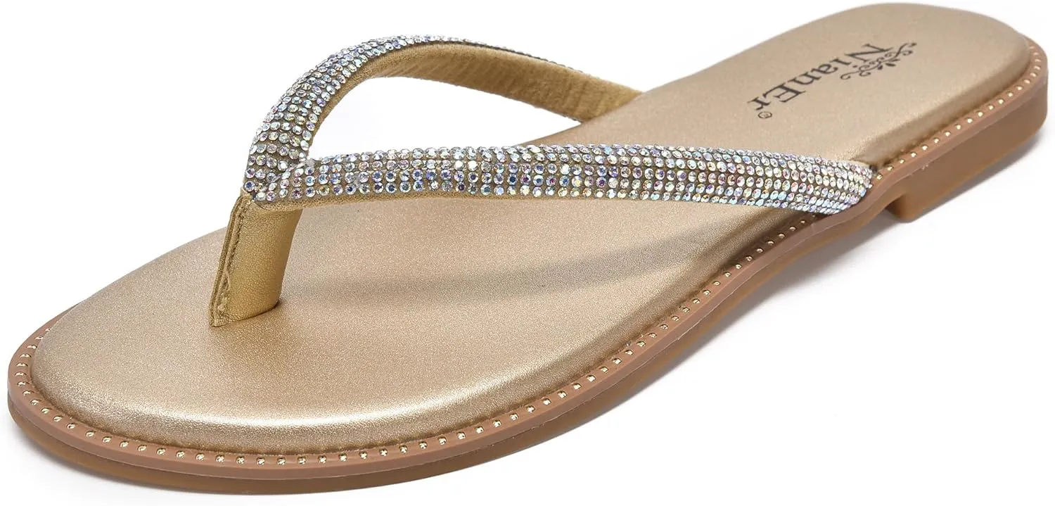 NianEr Womens Microfiber Leather Comfort Foam Rhinestone Glitter Sparkly Dress Flip Flop Sandals Summer Cute Flat Slides