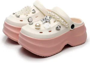 NIFFTORIA Women's Platform Clogs Gardener Slip On Slides Shoes Mules Hight Heels Beach Sandals with Pearl Accessories