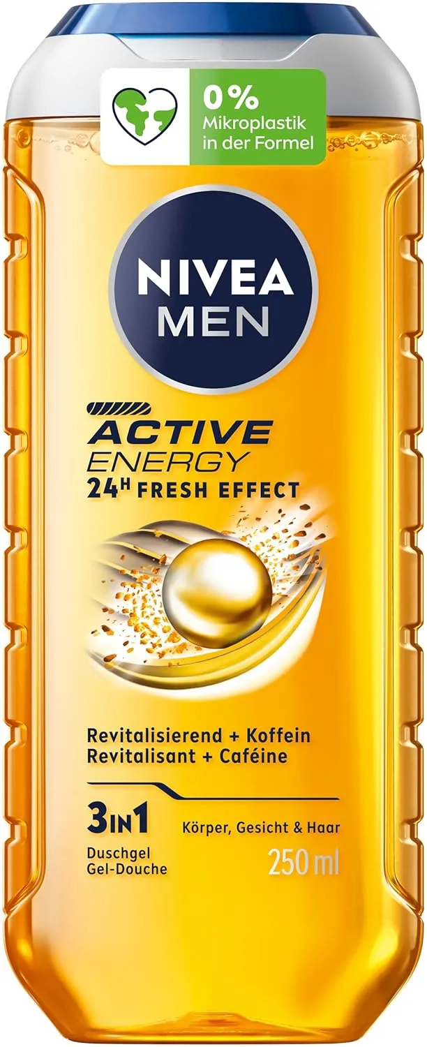 NIVEA MEN Active Energy 3-in-1 Shower Gel, Body Face Hair Wash with Caffeine, 8.4 fl oz