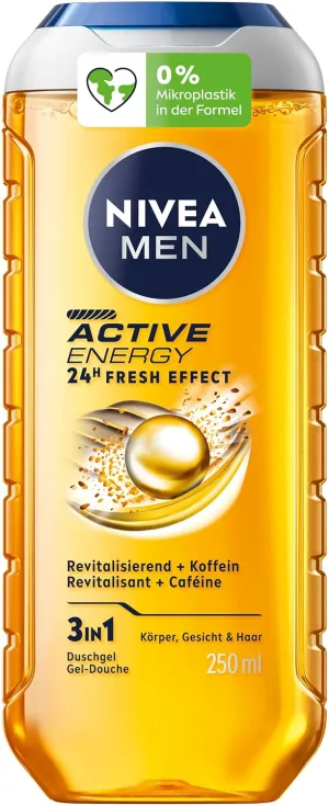 NIVEA MEN Active Energy 3-in-1 Shower Gel, Body Face Hair Wash with Caffeine, 8.4 fl oz