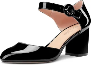 NobleOnly Women Mid Chunky Block Heel Round Toe Buckle Two-Piece Pumps Cute Dress Party Shoes 2.6 Inches Heels