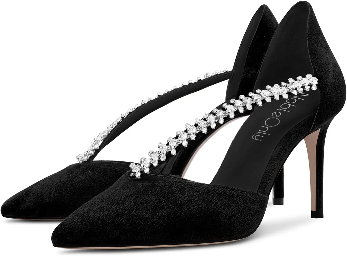 NobleOnly Women Pointed Toe High Heel Two-Piece Slip-on Pumps Rhinestone Crystal Glitter Prom Party Sexy Dress Shoes 3.2 Inches Heels