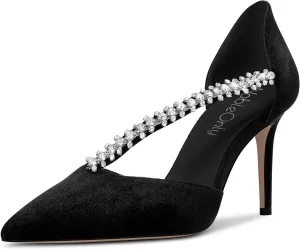 NobleOnly Women Pointed Toe High Heel Two-Piece Slip-on Pumps Rhinestone Crystal Glitter Prom Party Sexy Dress Shoes 3.2 Inches Heels
