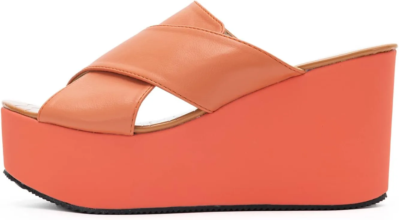 NOMIMAS Leisure Platform Slides for Woman Peep Toe Wedge Mules Elegant Party Criss Cross Slip on High Heel Slide Sandals