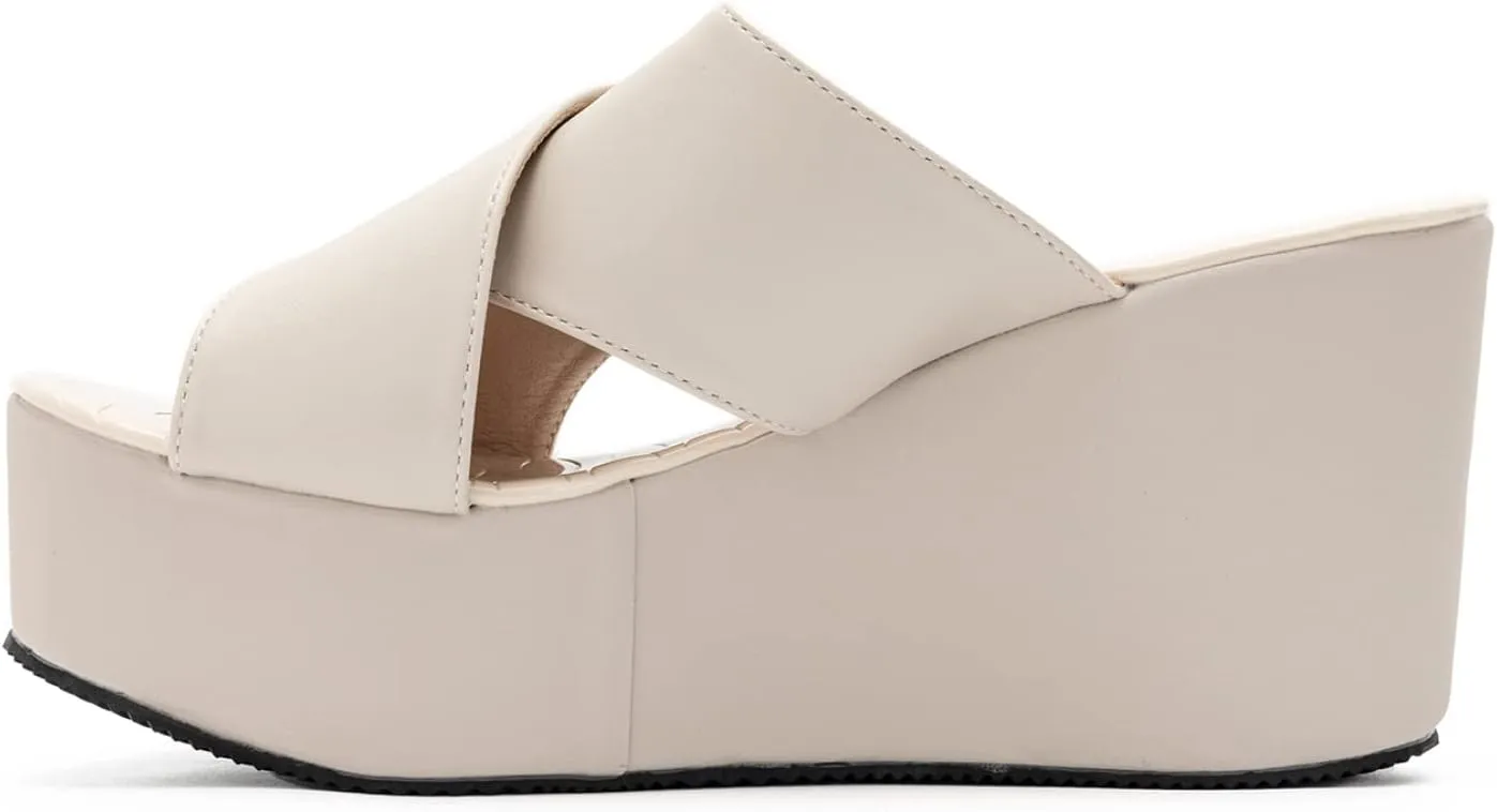 NOMIMAS Leisure Platform Slides for Woman Peep Toe Wedge Mules Elegant Party Criss Cross Slip on High Heel Slide Sandals