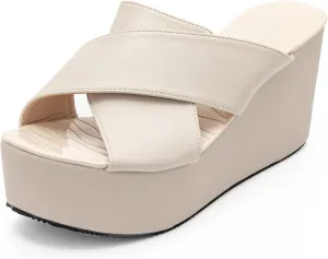 NOMIMAS Leisure Platform Slides for Woman Peep Toe Wedge Mules Elegant Party Criss Cross Slip on High Heel Slide Sandals