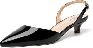 NUMALEO Womens Buckle Stylish Party Pointed Toe Backstrap Fashion Patent Kitten Low Heel Pumps Shoes 1.5 Inch