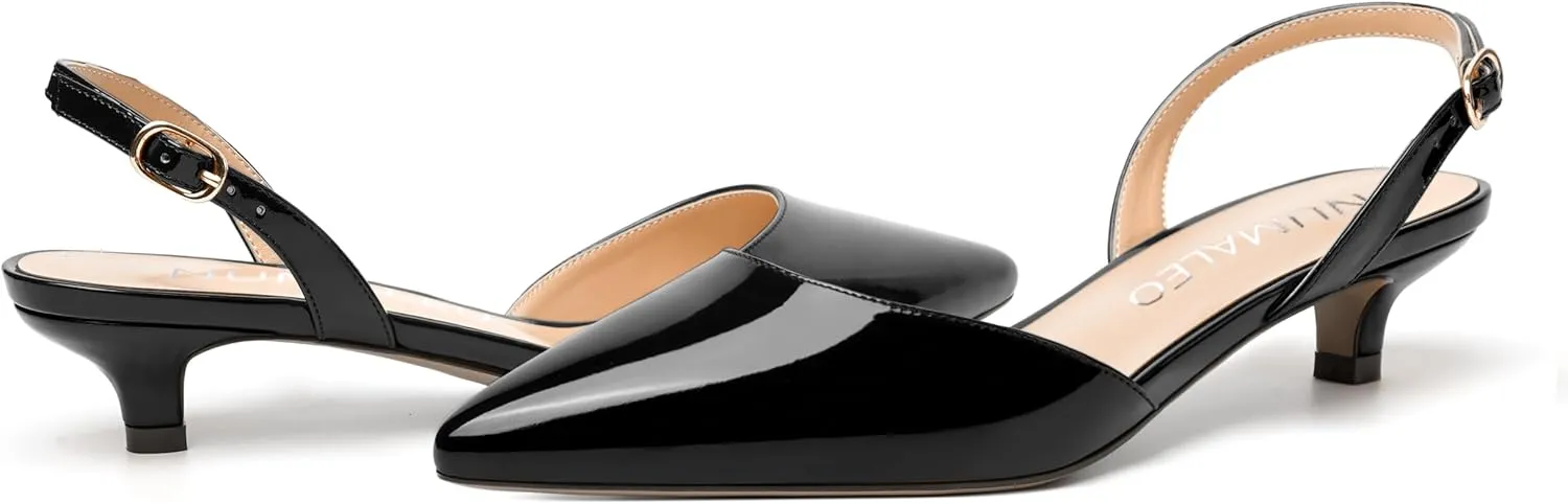 NUMALEO Womens Buckle Stylish Party Pointed Toe Backstrap Fashion Patent Kitten Low Heel Pumps Shoes 1.5 Inch