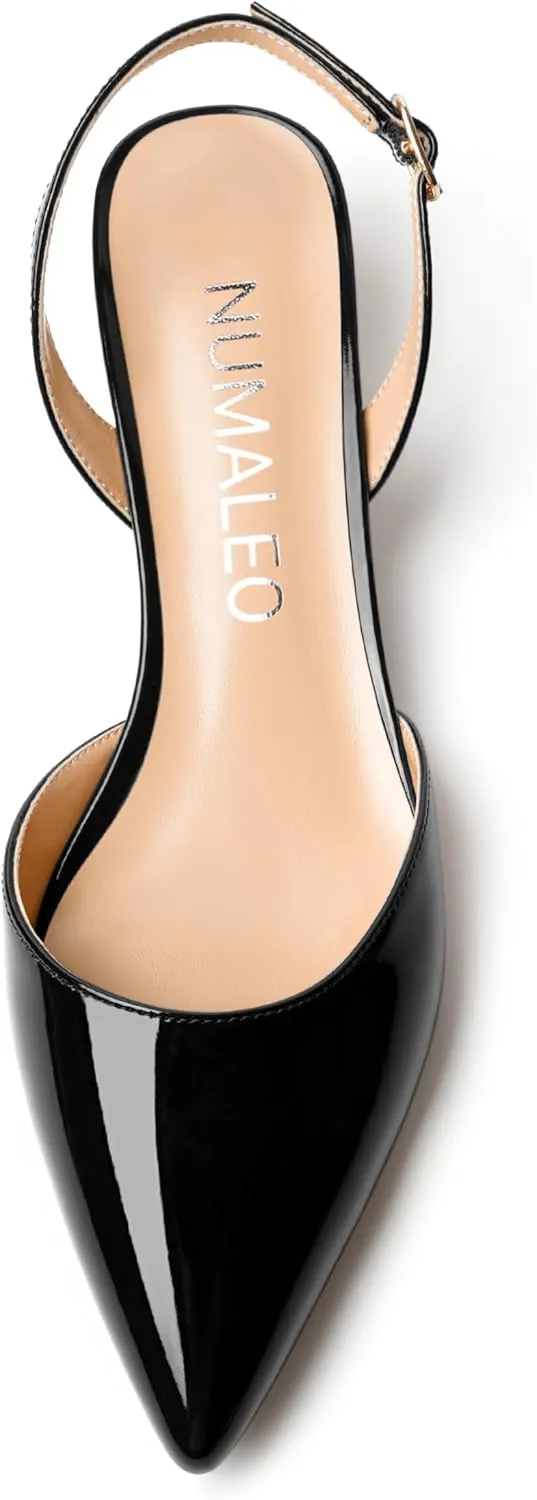 NUMALEO Womens Buckle Stylish Party Pointed Toe Backstrap Fashion Patent Kitten Low Heel Pumps Shoes 1.5 Inch