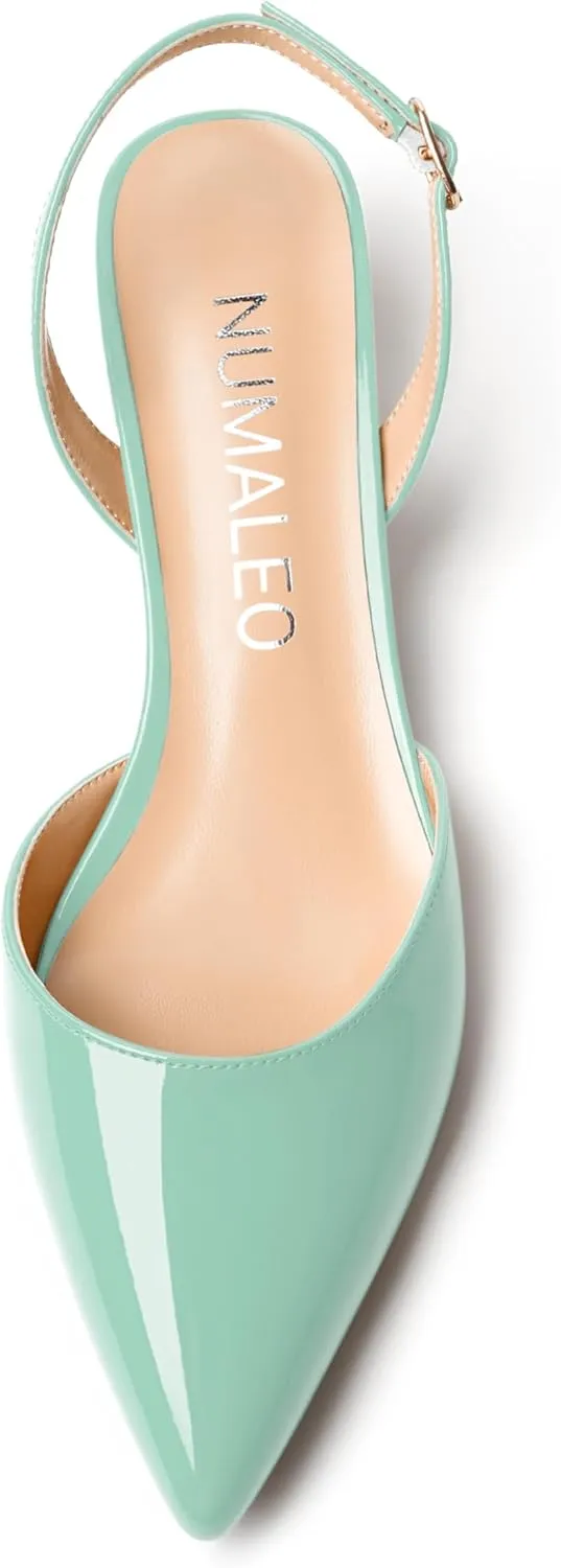 NUMALEO Womens Buckle Stylish Party Pointed Toe Backstrap Fashion Patent Kitten Low Heel Pumps Shoes 1.5 Inch