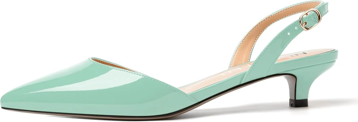 NUMALEO Womens Buckle Stylish Party Pointed Toe Backstrap Fashion Patent Kitten Low Heel Pumps Shoes 1.5 Inch